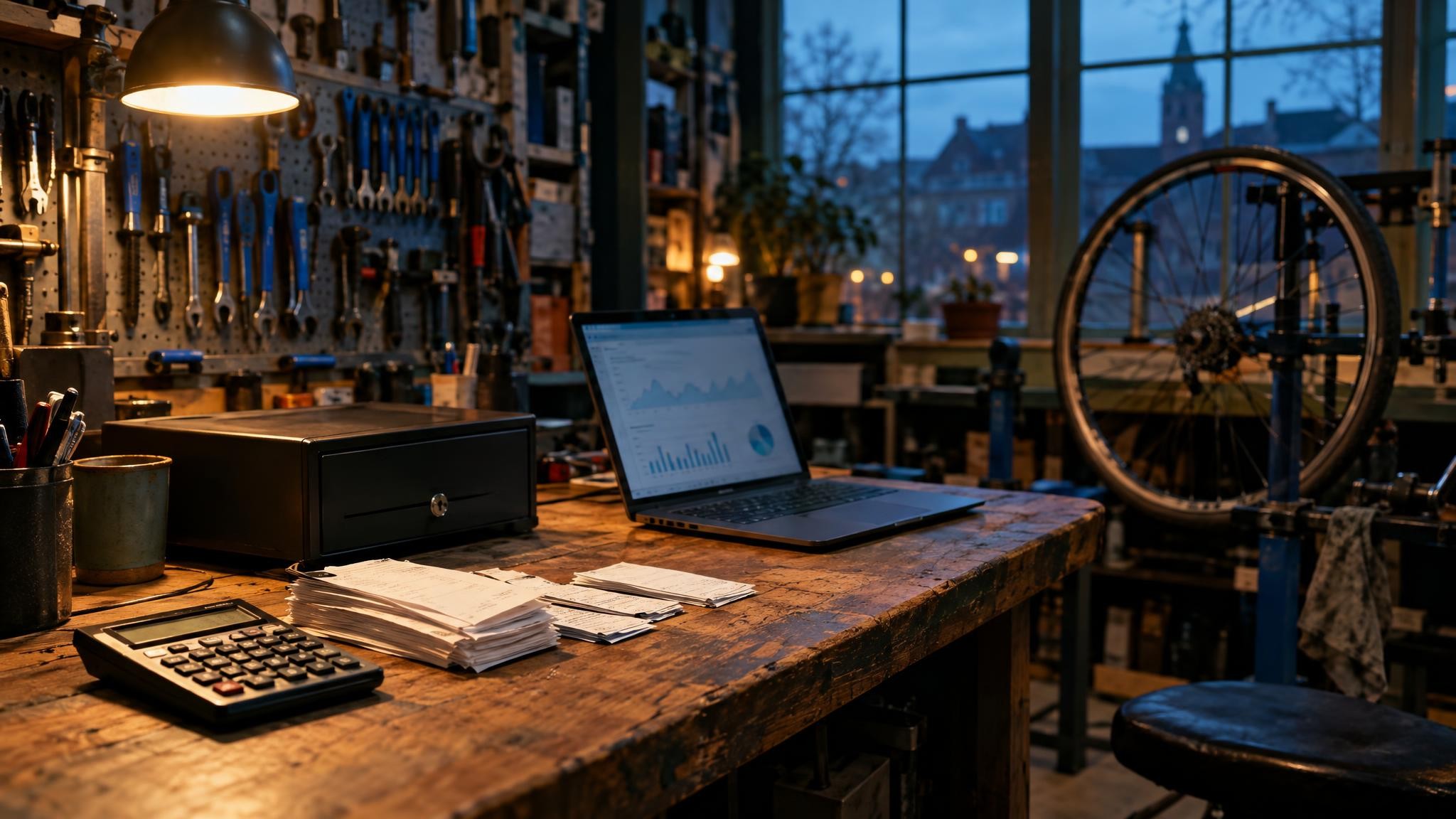 Werkbank in fietsenwerkplaats met laptop, rekenmachine en geordende bonnetjes voor financieel overzicht